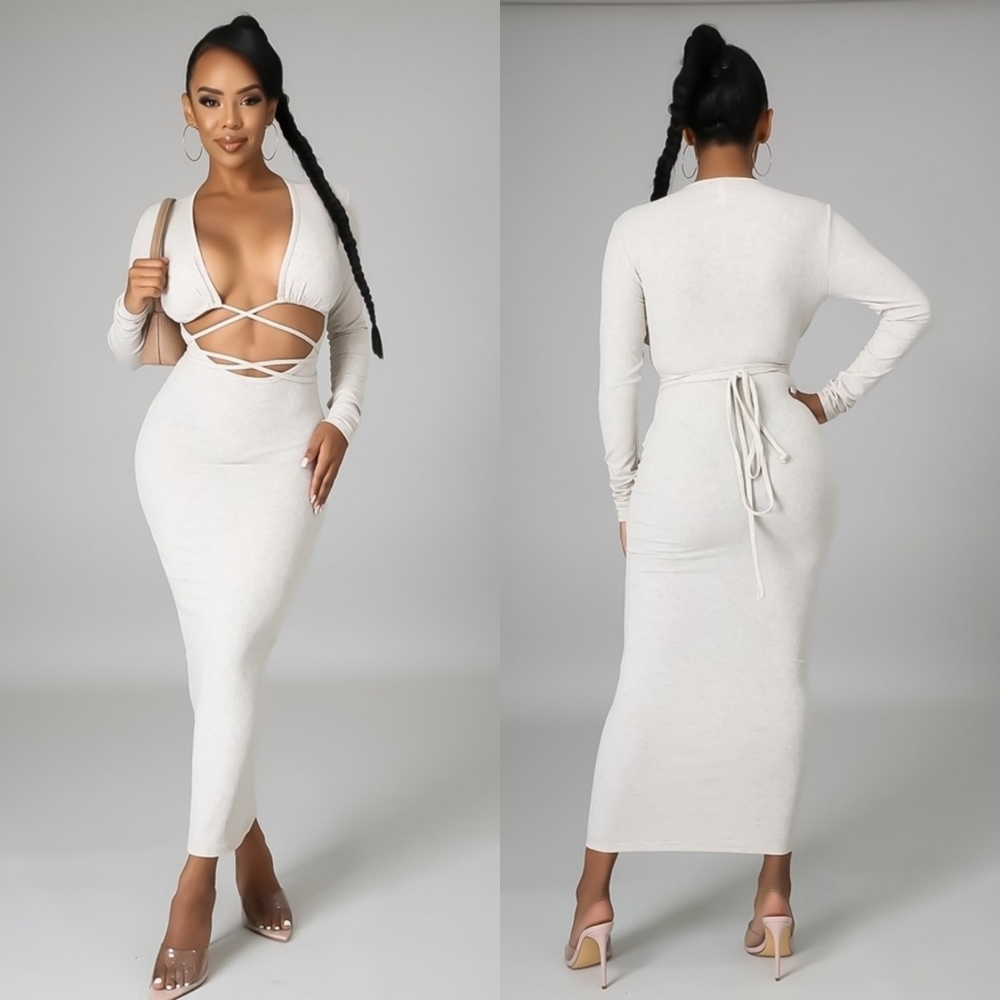 Long Sleeve Ribbed Cut Out Maxi Dress